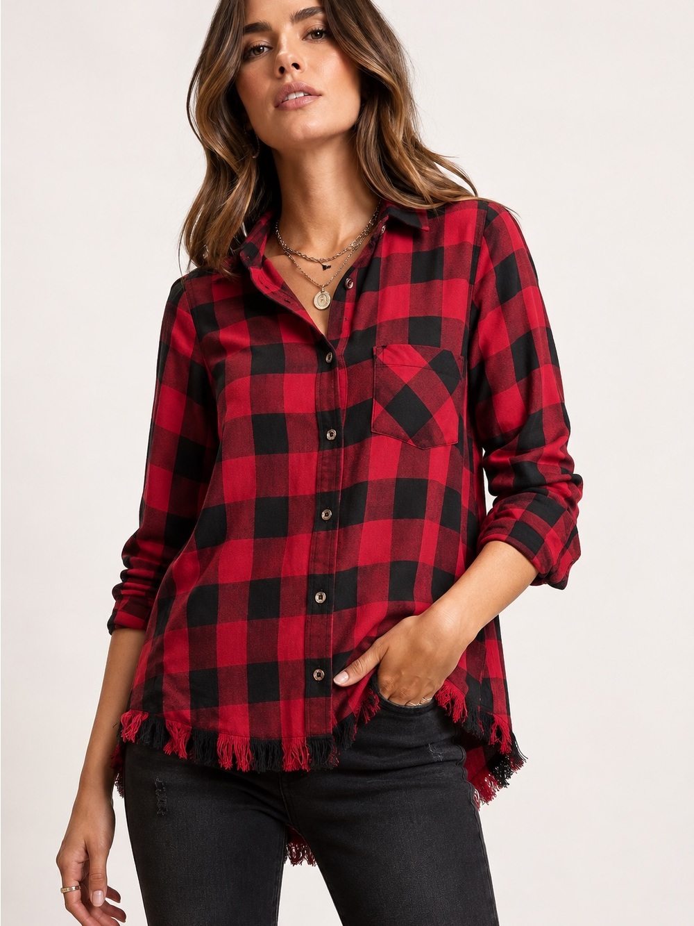 Karyn Seo Buffalo Plaid Fringe Shirt Small Red Black Boho Button Front